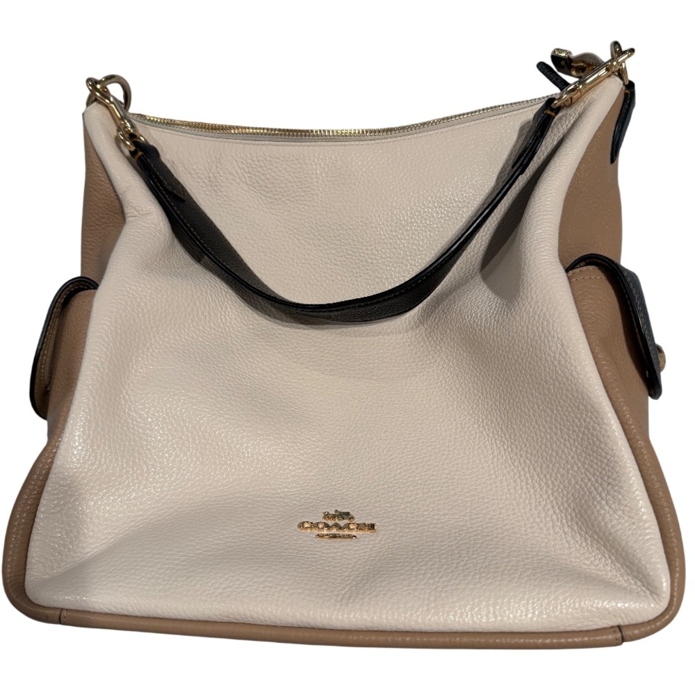 Coach Women's Black, Cream, and Tan Leather Shoulder Bag